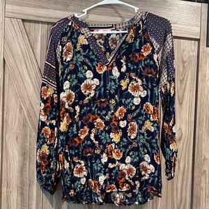 JODIFL Floral V-Neck Blouse - Navy and Orange Sz small